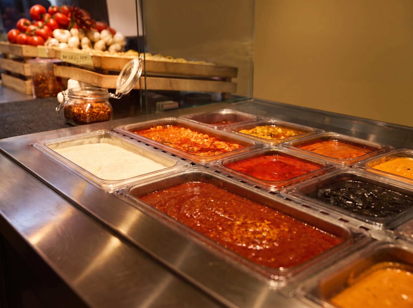 The seven sauces waiting in their pans at the counter